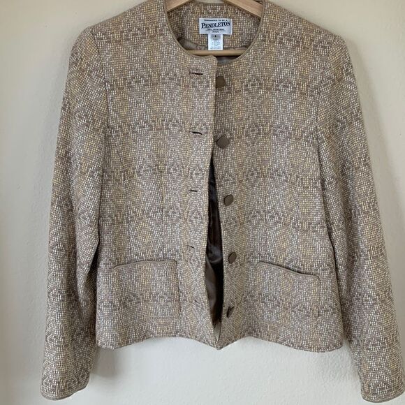 Pendleton Vintage Tan Virgin Wool Cropped Collarless Blazer Jacket women’s Sz 8 - Picture 1 of 9